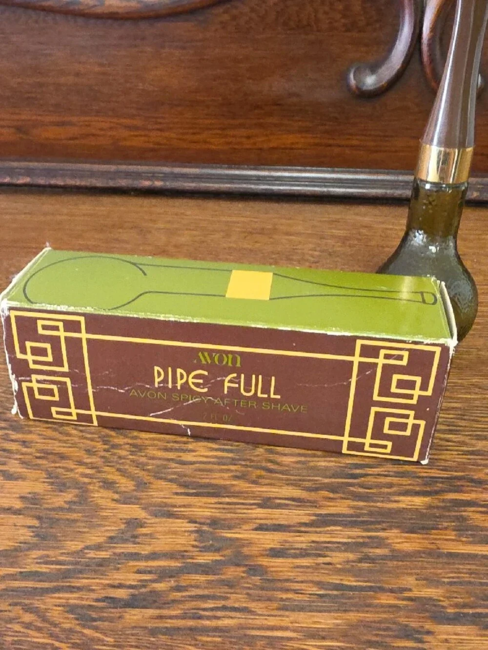 Avon Green Glass Pipe Aftershave Bottle with Gold Band
